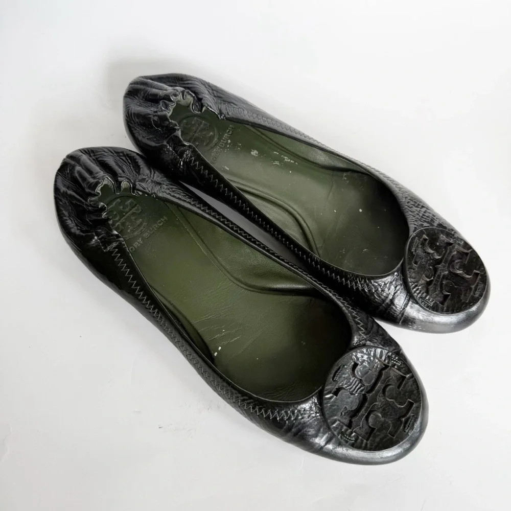 Tory Burch Green Patent Leather Minnie Flats Size 8